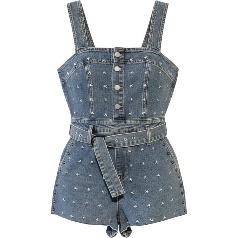 Star Studded Denim Romper Light Wash Belted Sleeveless Size Small Rocker Country